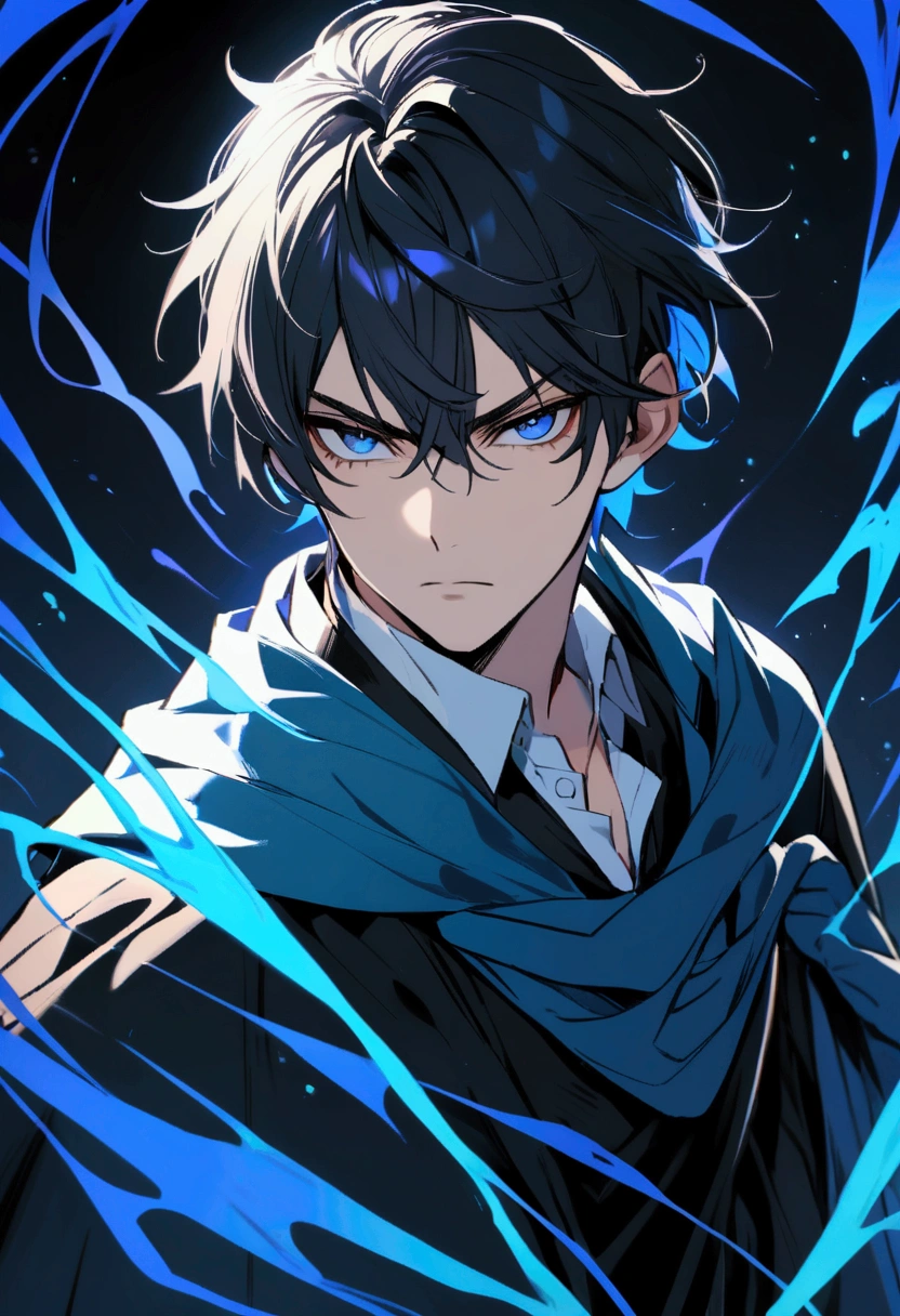 (masterpiece, best quality, ultra-detailed, best shadow), (detailed background,dark fantasy), black dragon horn on head detail, (handsome detailed face), high contrast, (best illumination, an extremely delicate and beautiful), ((cinematic light)), colorful, hyper detail, dramatic light, intricate details, (1boy, solo,black hair, sharp face,blue eyes, hair between eyes,dynamic angle), blood splatter, blue moon, blue magic light, swirling black light around the character, depth of field,black light particles,(broken glass),magic circle,