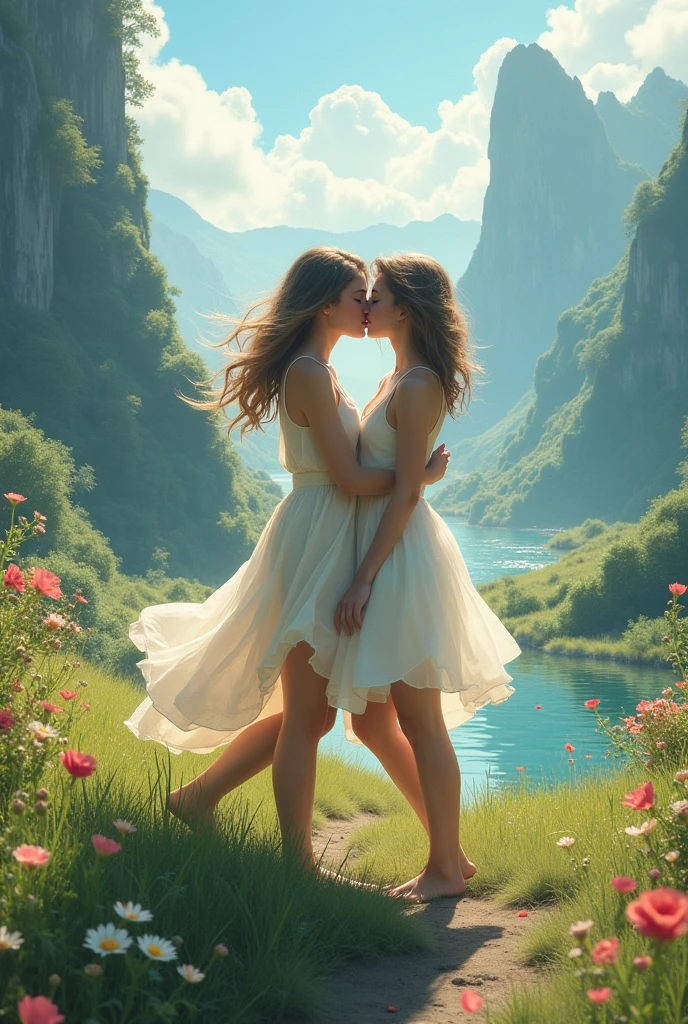 Two girls kissing together and traversing there's nepeles