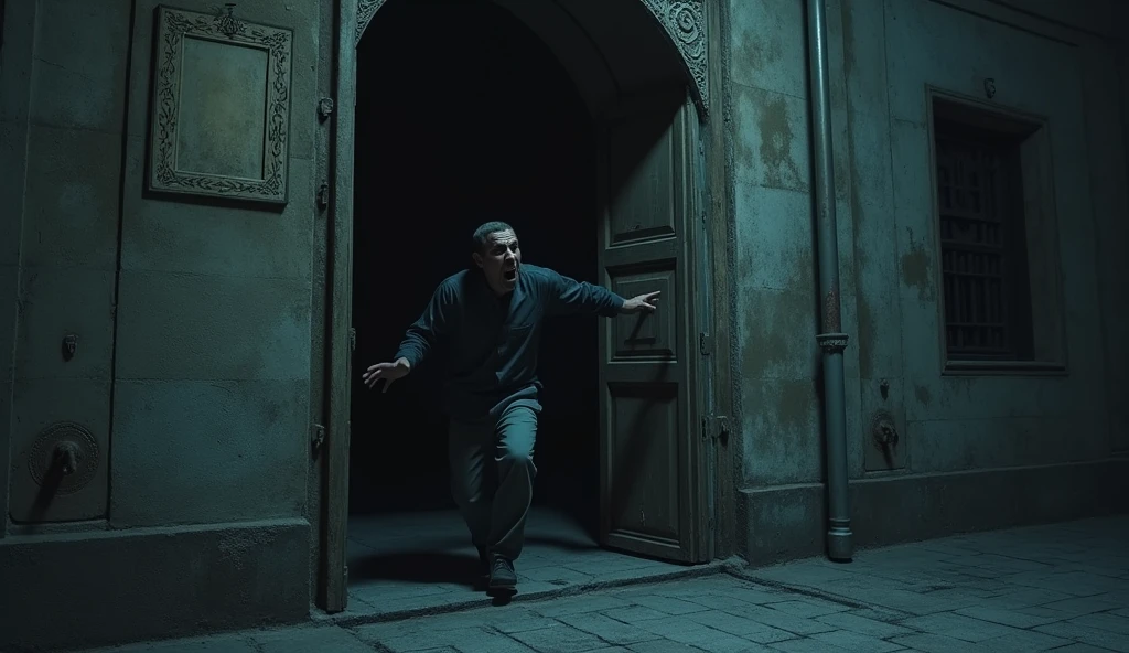(Horror story title : Night behind the door of the old mosque)
Scene 10: Hasan Exits the Mosque - Picture of Hasan exiting the mosque with quick steps, closing the mosque door behind him.
- There is a feeling of relief and fear at the same time., with a promise in his heart Hasan would never return to the mosque alone at night.