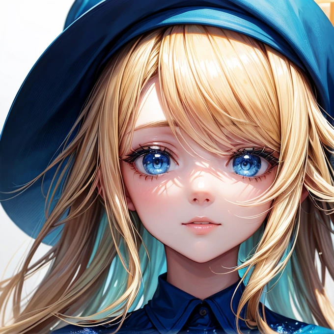 Portrait of a blonde girl in a blue hat and blue shirt
