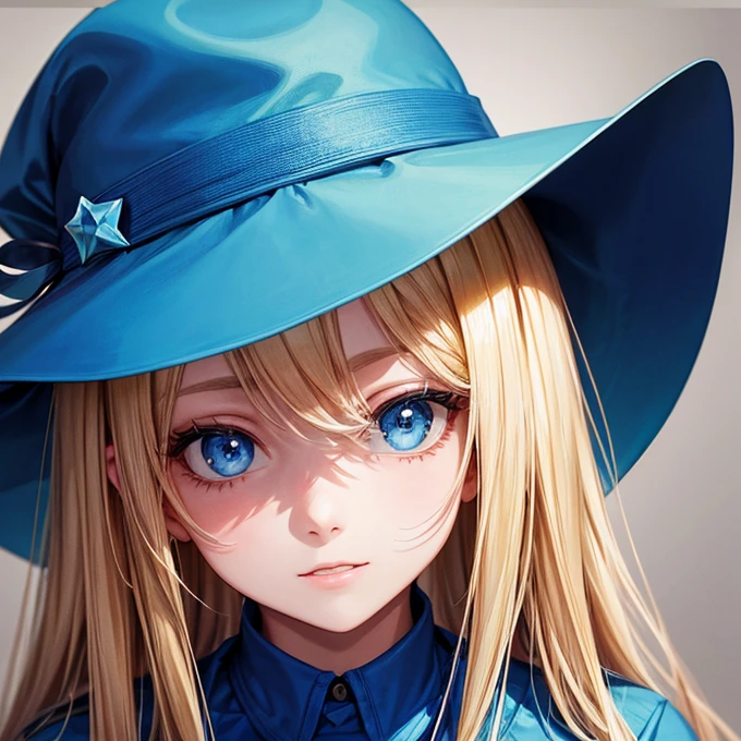 Portrait of a blonde girl in a blue hat and blue shirt