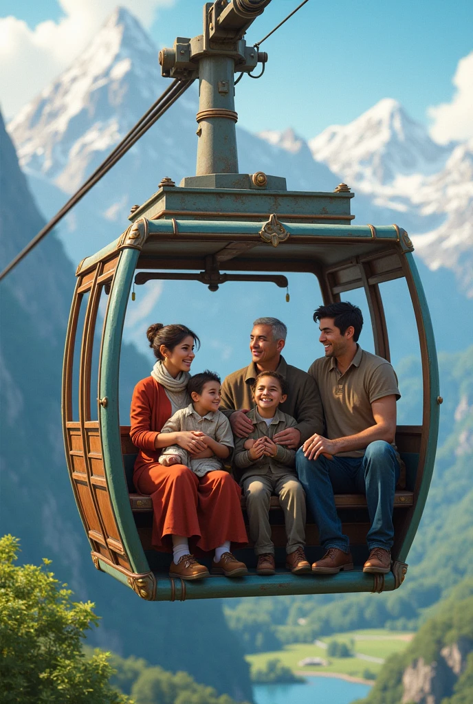 Family of humans riding a cable car