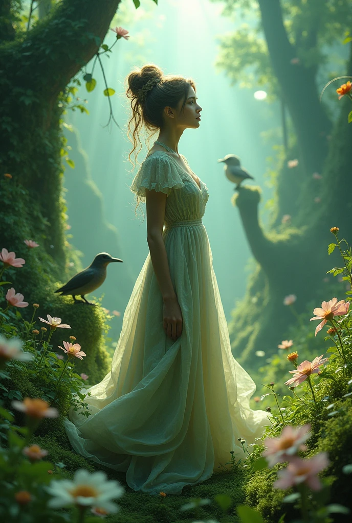 There is a woman standing in the grass with a bird., surreal and fantasy art, Photo manipulation, photo manipulation, surreal art, surreal scene, Fantasy Photography, dramatic artwork, surreal digital artwork, digital art fantasy, emotional surreal art, dramatic fantasy art, stunning fantasy art, wide angle fantasy art, stylized digital art, dramatic background