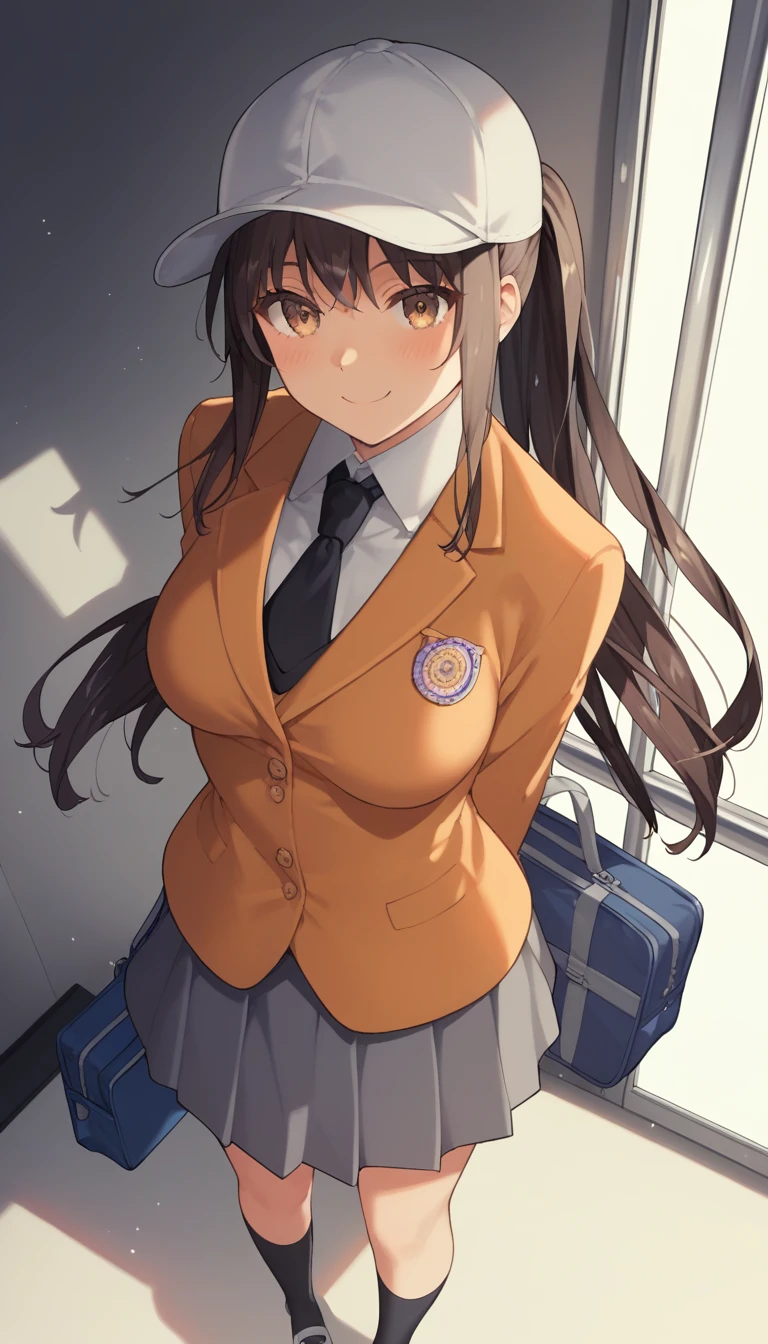 score_9, score_8_up, score_7_up, source_anime, best quality, amazing quality, very aesthetic, 1girl, yellow-brown eyes, wariza, long hair, ponytail, black hair, portrait, blazer, starshadowmagician, solo, 1 girl, best perfect anatomy, thin, curvy body, medium breasts, close up shot on person, a girl showing happy, smile, blush, super high angle from below, looking at viewer, Hide your arms behind your back, standing pose, high school, white baseball cap, uniform, blazer, sweater vest, black necktie, gray skirt, long socks, Wearing a school hand bag, dynamic angle. perfect dynamic composition, foreshortening, night days, volumetric lighting, Detailed background, Cinematic lighting, Sunlight, Waiting train, train station, Stand on the platform,