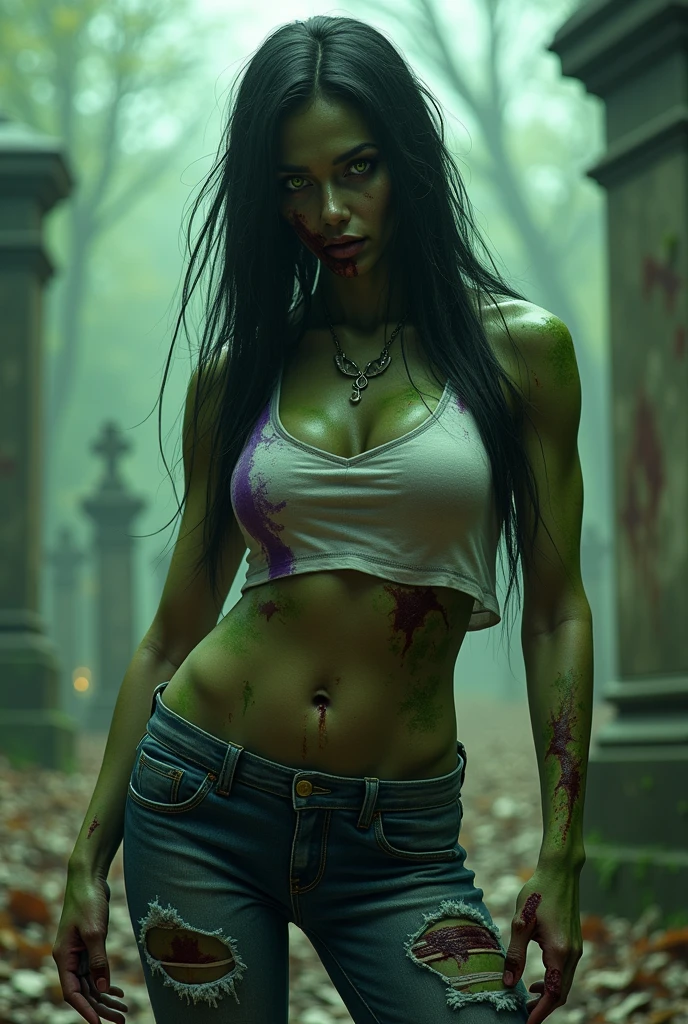 (((From very close-up a beautiful woman (((muscular time grande))),(((Skin completely olive green in color)))long black hair She Hulk zombie on knees screaming costume (((White and purple top))) jeans torn because of his muscular face and full body with olive green skin completely rotten(((Zombie eyes))),(((rotten face))),(((The Walking dead))),(((Eating brains))),(((Zombie eyes))),(((cursed cemetery))),(((Thick arms and legs due to their (((muscular time)))