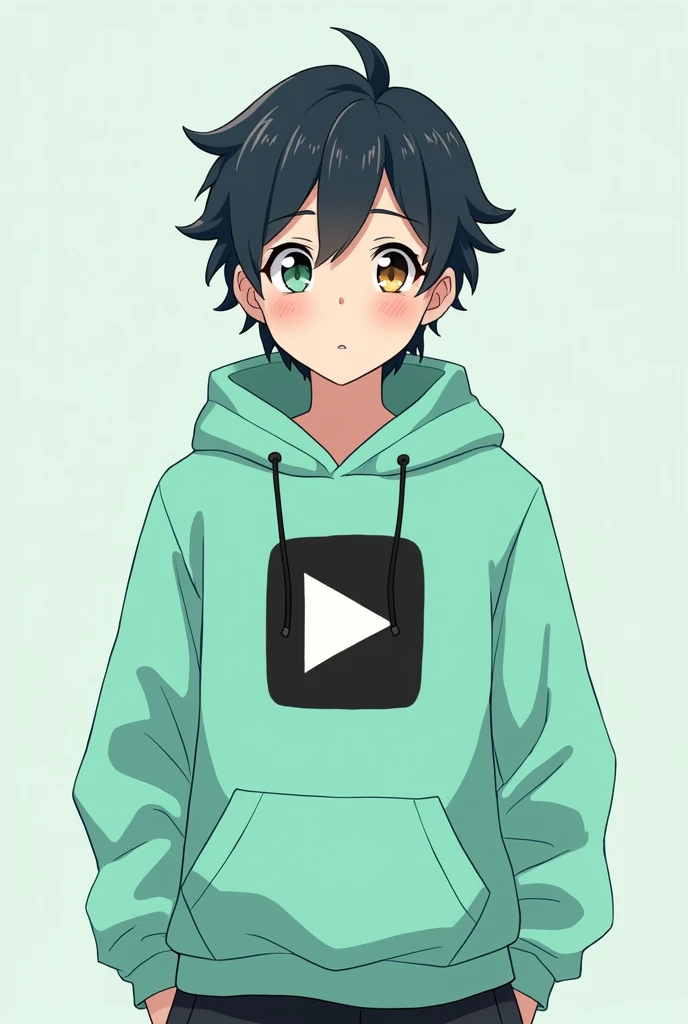 a anime boy , mint black hoody SG logo on it , plus youtube white colour logo , 