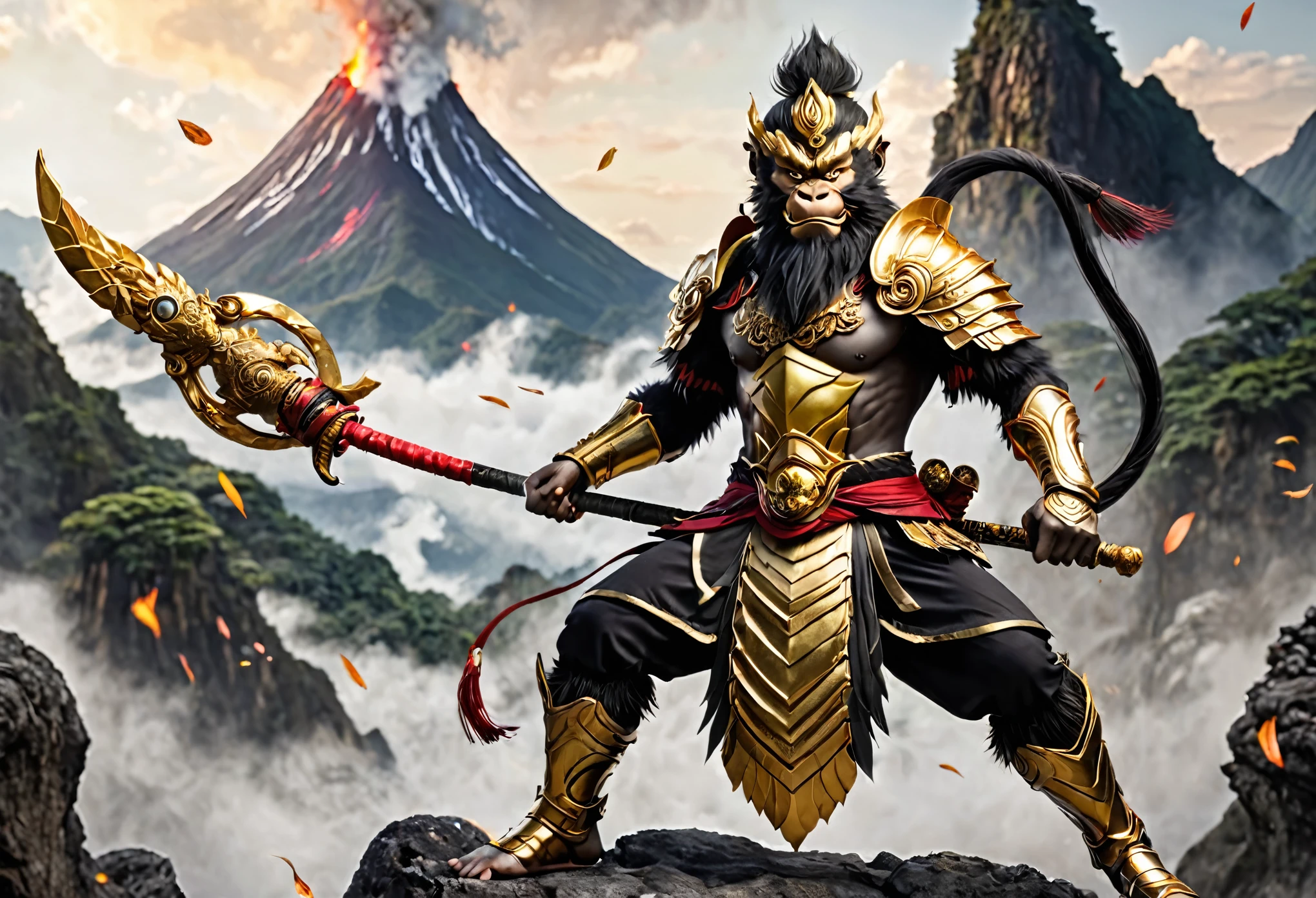 (Black Myth Wukong) son of Monkey king (long lush black body hair, ornate golden armor, powerful build, carefree face, mystic quarter staff),  tripping a stone giant and laughing, volcano