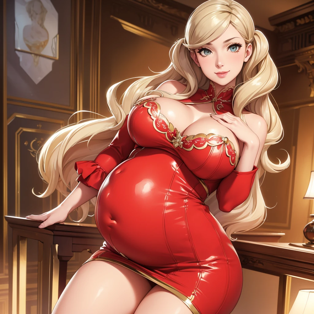 (Highest quality). (Super detailed). (One person), View the viewer. (Detailed Background). Beautiful and fine details. Delicate and beautiful face. (High saturation), Big breasts, Saggy breasts, A sexy shiny sequin dress, whole body, Long legs, (((Huge breasts))),Blonde,antakamaki,pregnancy,smile，Big belly