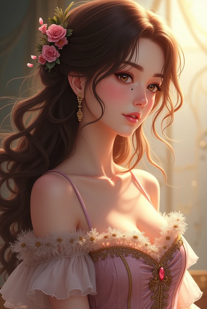 Create a full-body anime-style character, a woman with long brown wavy hair, with soft skin, in an extremely elegant royal dress, with a gentle look and a cut scar on his cheek 