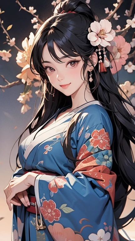 A beautiful woman smiles and shows her upper white teeth、Vividly colored Japanese Ukiyo-e style illustrations、SeaArt creates stunning illustrations of beautiful women in kimono、Brown-black long hair、Beautiful full body style、Beautiful digital illustrations、Beautiful and innovative digital paintings, Bright vibrant anime art, Detailed digital anime art, Beautiful anime portraits
