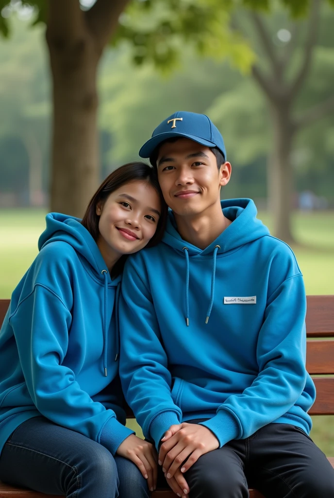 A pair of Indonesian lovers, clean faces, wearing hoodies blue color wearing baseball caps, sitting on a park bench, photo facing front,super HD photography, sophisticated camera