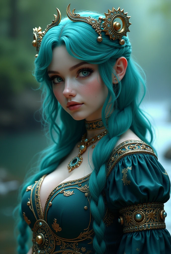 (8k, best quality, masterpiece:1.2), (realistic, photo-realistic:1.37), ultra-detailed, A detailed portrait of 1 girl 30 year old girl, fat fantasy character, blue eyes, tosca hair color, detail face, pale skin, face facing the camera, wearing queen costumes, zodiac suit. The scene illuminated with professional lighting, photon mapping, and radiosity, with Tetsuya Nomura Style and a zodiac feel, gemini , zodiac gemini vibes. In the dark forest river terrible background with blur or bokeh effect, neon details, realistic light.