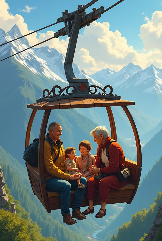 Family of humans riding a cable car