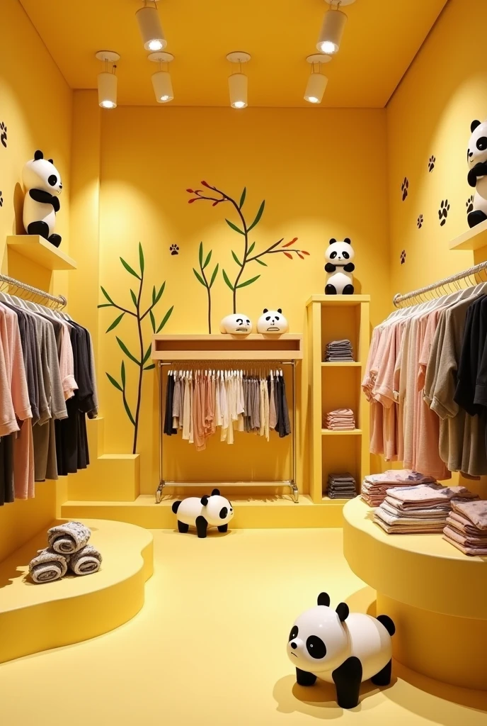 Decoration of a panda-themed clothing boutique with a vanilla yellow background
