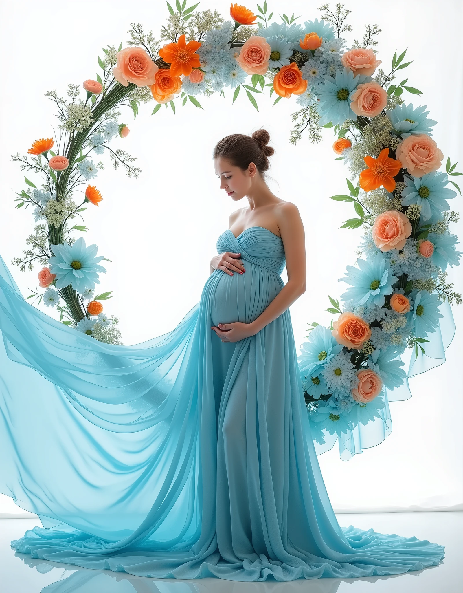 pregnant woman in blue dress standing in front of a floral wreath, a colorized photo by Marie Angel, pinterest, art photography, maternal photography 4 k, cyan photographic backdrop, light blue dress portrait, flowing gown, beautiful flowing fabric, blue swirling dress, sky - blue dress, ethereal and dreamy theme, wearing a flowing dress, endless flowing ethereal drapery, gown