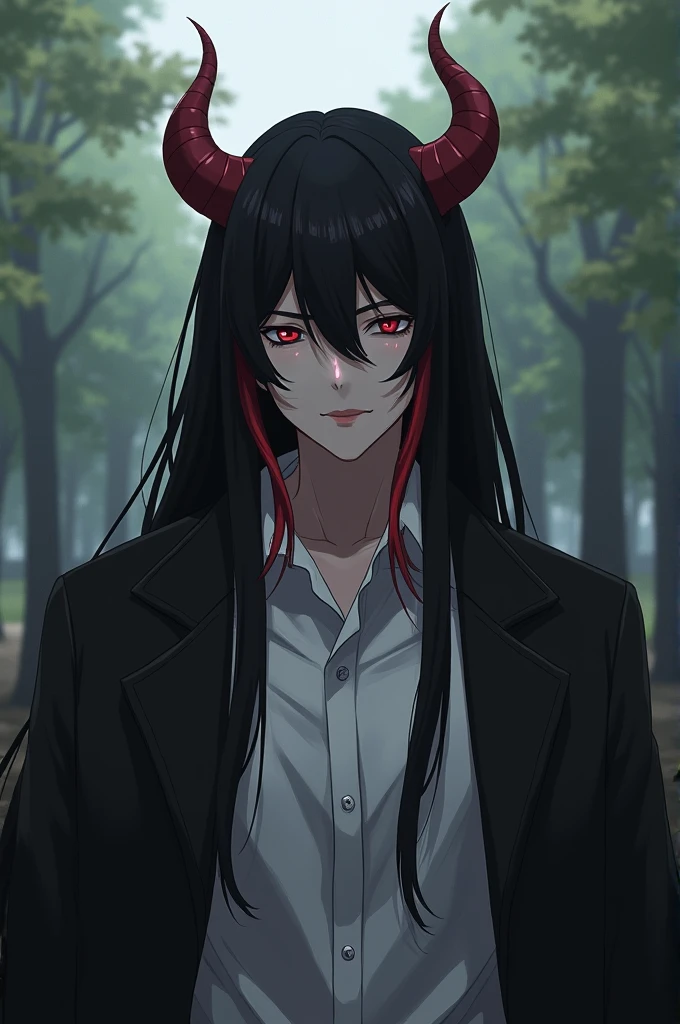 Hazbin hotel screenshot Girl as a fallen angel, now a strong demon the sin of anger, with black hair with red tips straight long and wavy, He has a slightly serious expression, He is wearing a white shirt with a black jacket and in the background he is in a park 