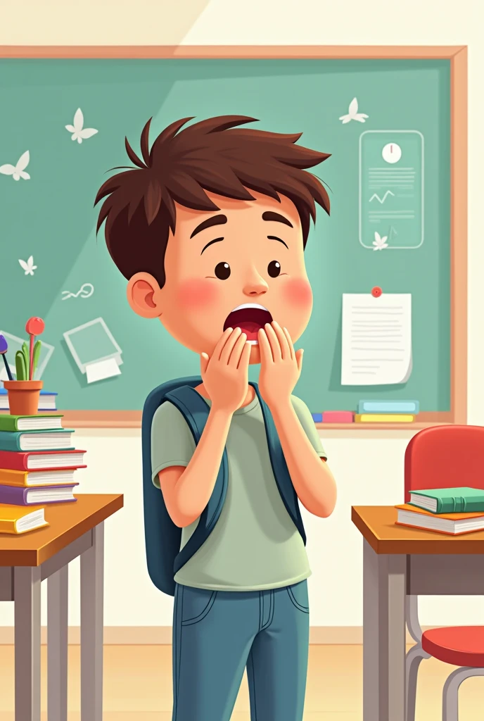 I am looking for an illustration of a student with a cold in a school environment Drawing style: Modern and vector, with smooth, clean lines, and vibrant colors. Cartoonish but realistic. Color: Using a palette of bright and contrasting colors that are pleasant and eye-catching. FORMAT: Illustrations arranged in a book or manual style. This illustration is intended for a guidance and training manual, so it must be clear, accessible and visually appealing."