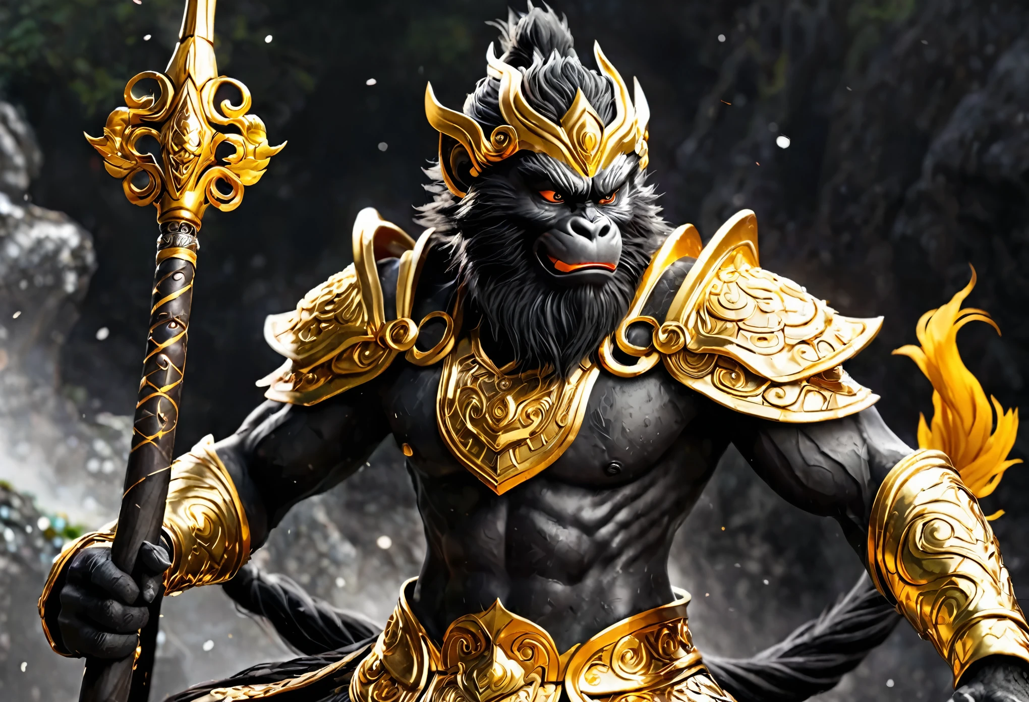 (Black Myth Wukong) son of Monkey king (long lush black body hair, ornate golden armor, powerful build, carefree face, mystic quarter staff), tripping a stone giant and laughing, volcano