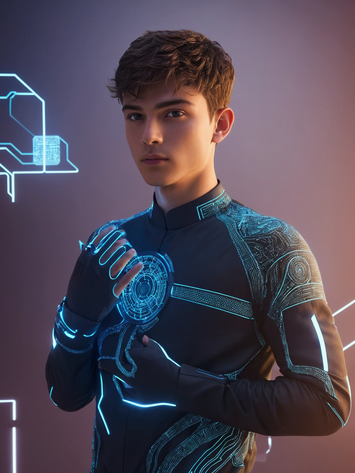 Futuristic background, realistic face, handsome boy