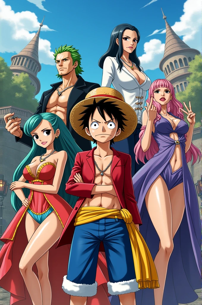 Image of the current Straw Hats gang with Princess Vivi and Bonney.