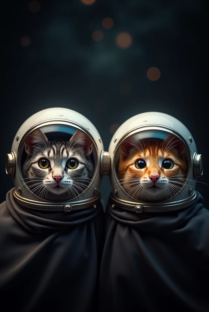 face of a cat and a mouse with an astronaut helmet on a black background