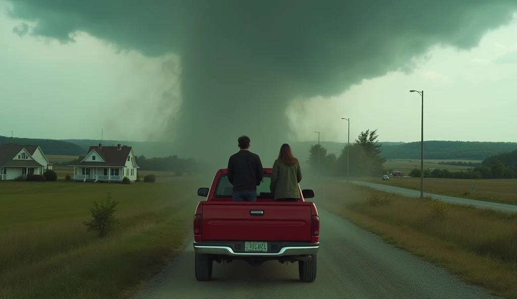 It's a drone footage of a man and a woman on a red pickup truck and they stand who try to stop a tornado that's coming to town in a way that destroys a lot of things.