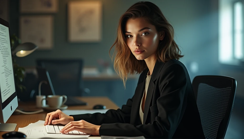 portrait of Gigi Hadid, sitting at a desk with a computer and papers, professional image of a journalist, professional foto, high-quality portrait, photographic portrait, an epic non-binary model, professional portrait, still photo, colorized portrait, creative coder with a computer, cinematic lens , fot , looking ahead at viewer , show full body