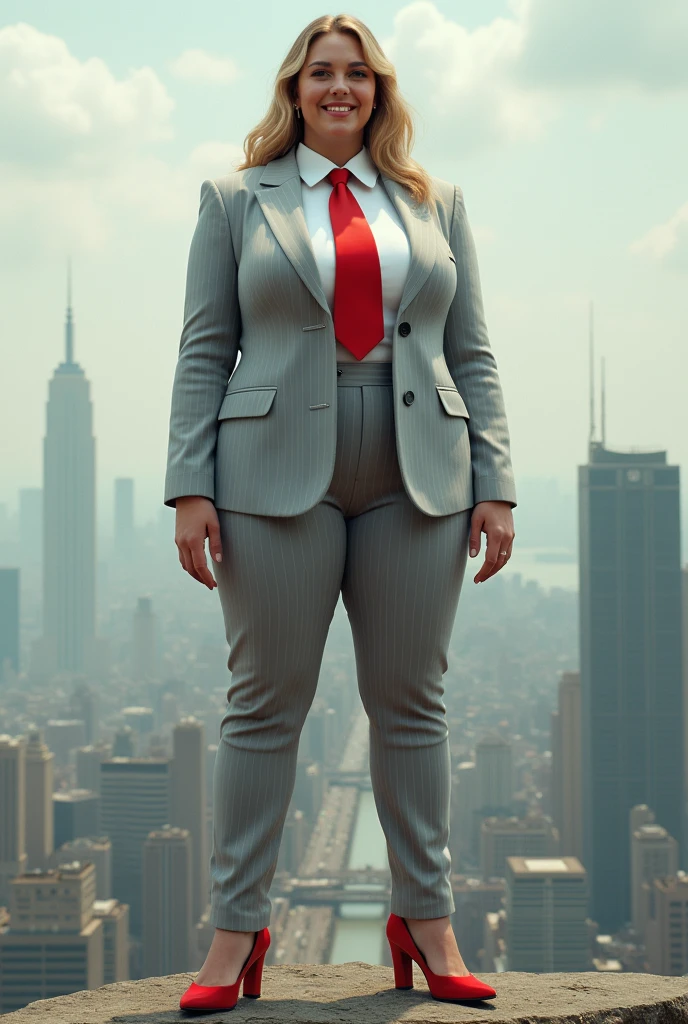 , giga, 100 miles tall, standing on top of a city, in the middle of a city, young adult, curvy, a pair of huge breasts, slim, light grey pinstriped suit，white tailored shirt, large Windsor knot red tie, Has blonde waist-length hair，Wearing a pair of red platform heels，distance shot, A look of enjoyment, Beautiful appearance, smile, view from space, giga giantess