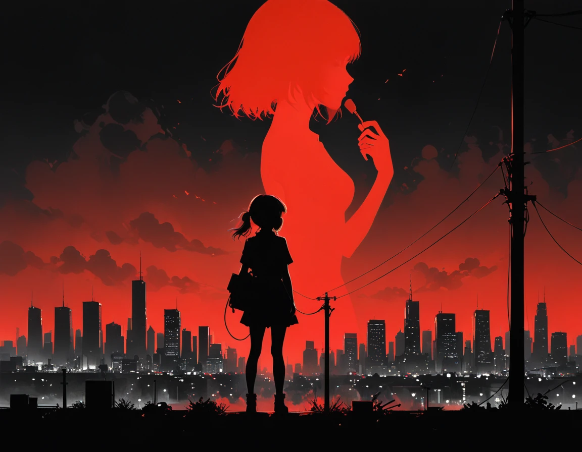 (Ashley Wood (Ashley Wood) style of:1.3),(小畑健style of:0.9),
Black and white city skyline background,Extended electric pole,(a Red silhouette of a young girl:1.6),Minimalist silhouette,Red silhouette,Black and white background,Wide_shooting,Silhouette of a young girl on a telephone pole,