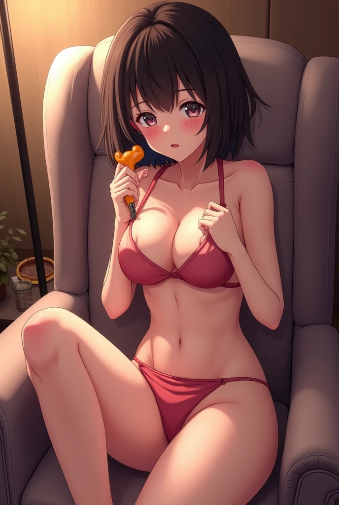 1 girl, anime , short hair to the shoulders, dark brown, small in stature, Medium breasts and medium ass, thick thighs, completely naked on a chair with her legs open and a dildo stuck in her vagina