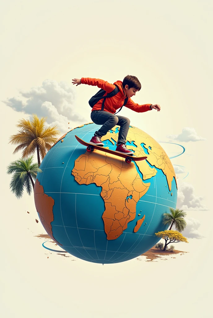 Young adventurer on a skateboard spinning around the globe, passing through the countries, art in logo brand style, Fine art, minimalistic, cyberpunk, animation