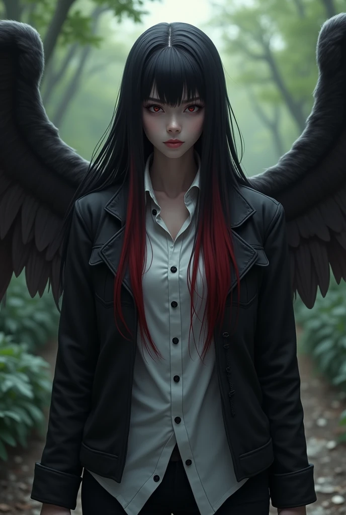 Hazbin hotel screenshot Girl as a fallen angel, now a strong demon the sin of anger, with black hair with red tips straight long and wavy, He has a slightly serious expression, He is wearing a white shirt with a black jacket and in the background he is in a park