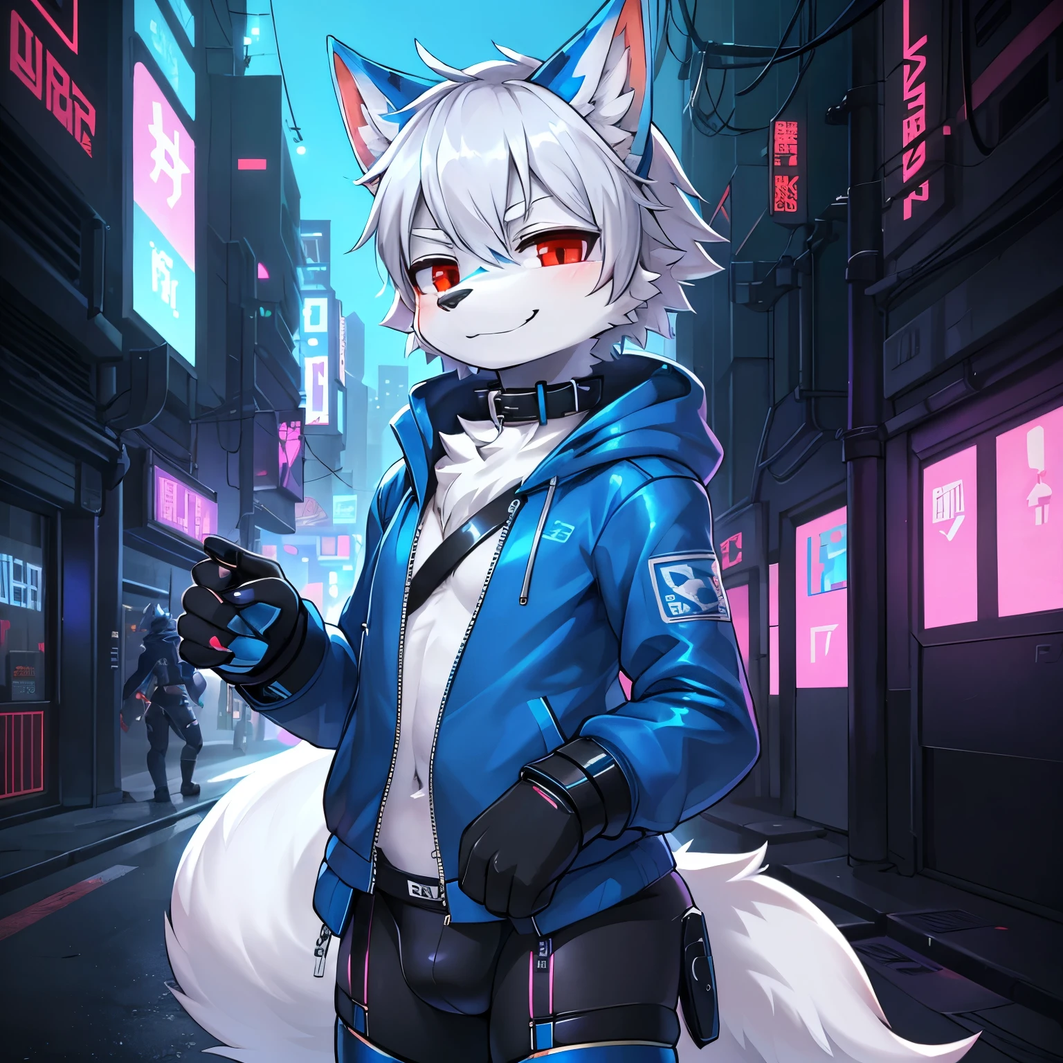 ((masterpiece, best quality)), (anthro furry:1.3, snout:1.2, anthro:1.3, furry:1.2, solo male:1.2, smug smile), Furry, kemono, furry wolf, anthropomorphic, male, silver fur, silver skin, red eyes, femboy, cyberpunk clothes, sexy clothes, revealing clothes, ((blue clothing)), collar, cyberpunk theme, uploaded on e621, Cyberpunk technology. cybernetics,