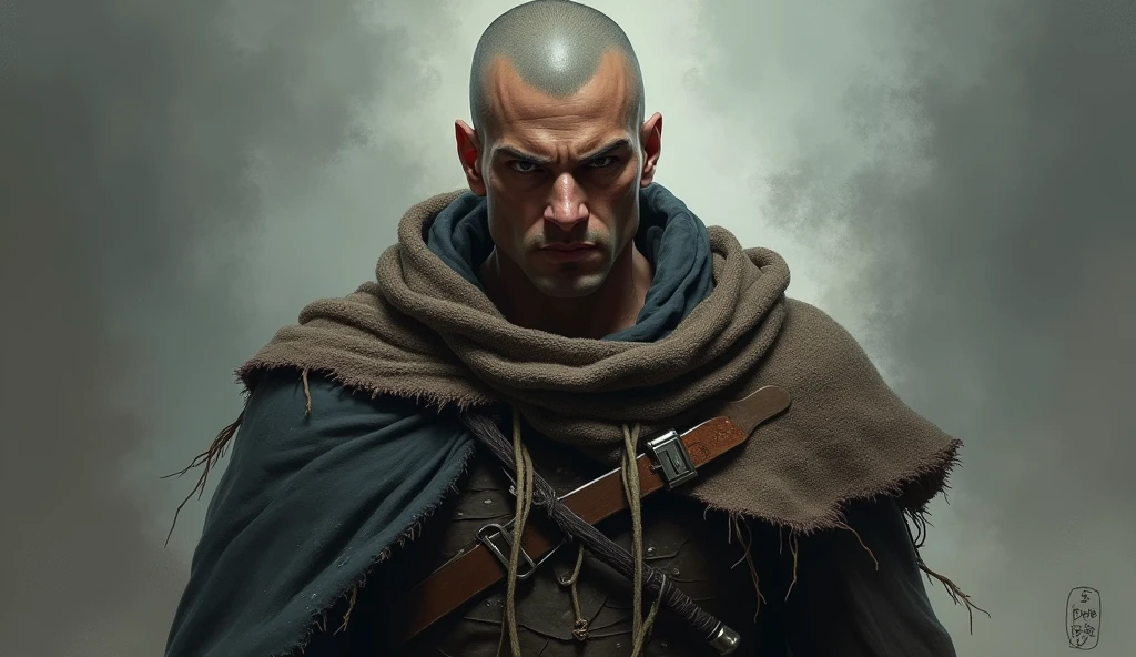jo with torn cloak and shaved head