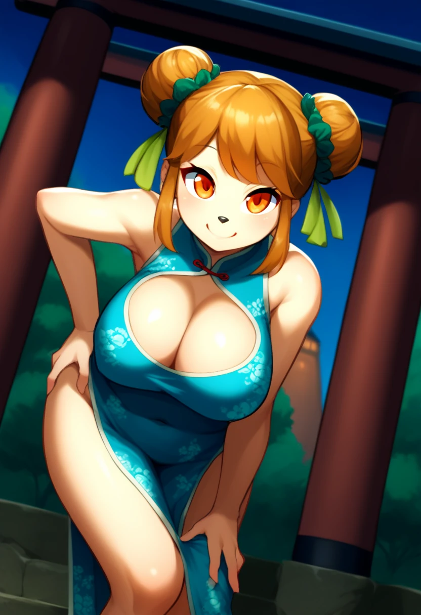 score_9, score_8_up, score_8, big breasts, (curvy), cute, eyelashes, BREAK, , source_furry, feral, anthro, rillaboom, orange eyes, BREAK, smile, looking at viewer, china dress, pelvic curtain, side slit, double bun, bun cover, cleavage cutout, sleeveless, print dress, covered navel, no panties, outdoors, night, torii, shrine, east asian architecture, leaning forward, hand on own thigh, from above, embedding:zPDXL, Expressiveh,