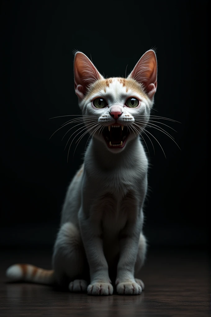 A psico cat with a strange smile in a black room