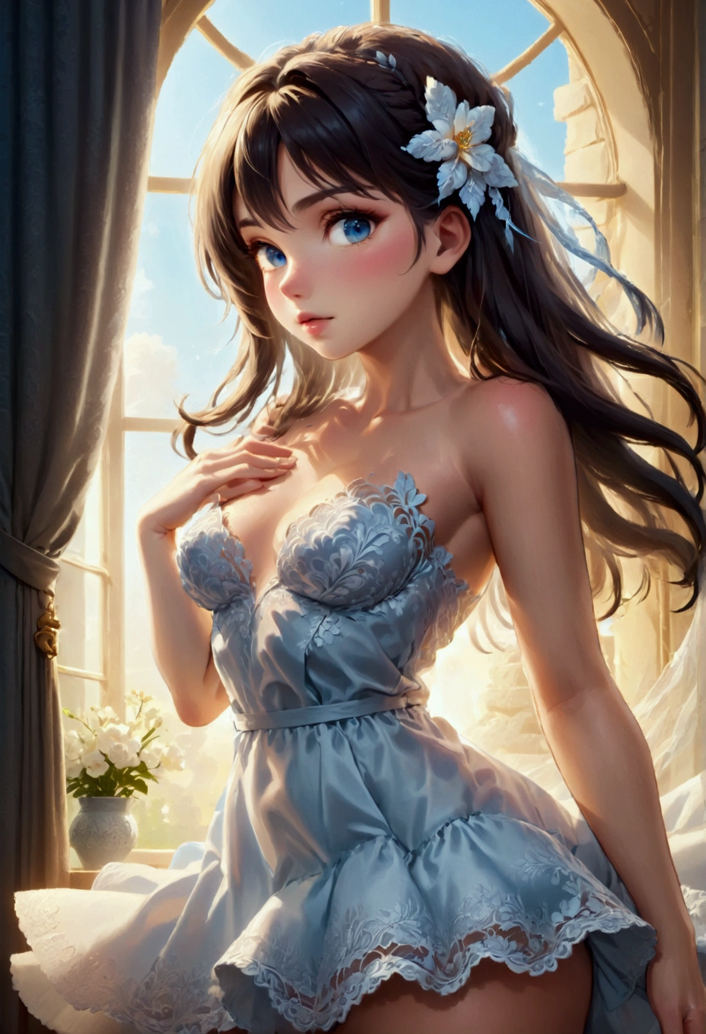 melancholy lighting, quiet, calm, brightness, masterpiece, best quality, 1girl, (JinxLol:1.2), (ultra photorealistic:1.3), (masterpiece:1.4), best quality, ((realistic)), high quality, ultra detailed, ((real image)), ((realistic skin)), ((realistic face)),(illustration:1.05), (beautiful:1.05), (beautiful detailed eyes:1.05), (cinematic light:1.1), full body, precise proportions, 18-year-old girl, skinny model lying next to the bed, brown hair fluttering in the wind, tulle, long legs, feet slightly open, buttocks, blush, shyness, collarbone, abdominals, double weave, beautiful and delicate face, fair skin, real skin, (face detail), pores, super high resolution, 8k, parameters Best quality, masterpiece, super high resolution, (Realistic 2.0), More details, detailed skin, transparent panties, wide smile, white teeth, full voluminous hair, perfect and well-designed eyes, girlfriend, beautiful, beautiful, flowers, studio lighting