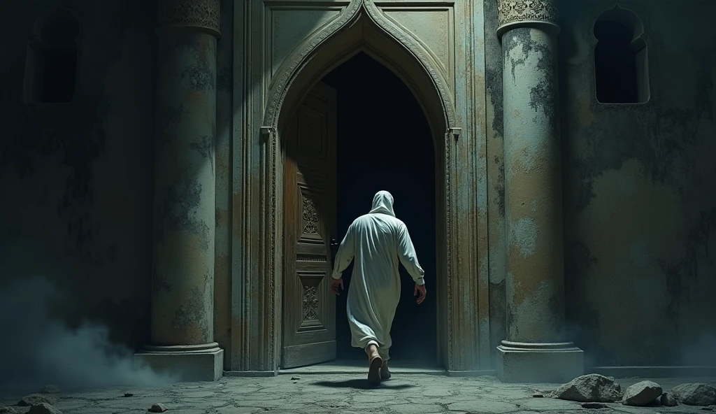 (Horror story title : Night behind the door of the old mosque)
Scene 10: Hasan Exits the Mosque - Picture of Hasan exiting the mosque with quick steps, closing the mosque door behind him. (Hasan is a pious young man)
- There is a feeling of relief and fear at the same time., with a promise in his heart Hasan would never return to the mosque alone at night.