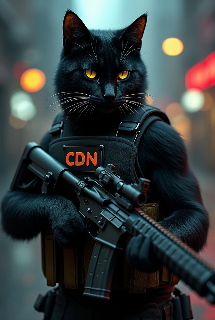 Create a black hitman cat, he's wearing a bulletproof vest with the letters CDN and a high-caliber rifle.