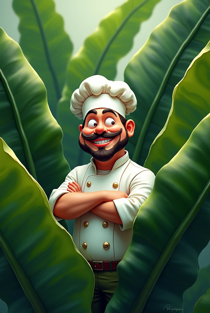 Banana leaf background with a chef meme