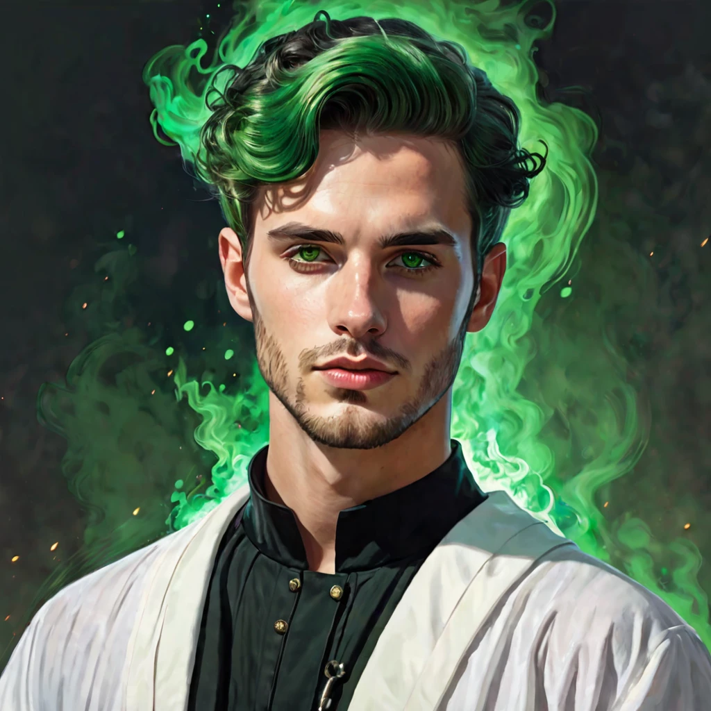 Semi realistic illustration portrait of young man, very handsome, white, with short wavy green hair, with amber eyes, beardless and split chin. Nose as thin as Lana del Rey.
Mirada burned out from the intimidation. Black tunic dress and white robe. Doctor from a science fiction future. 