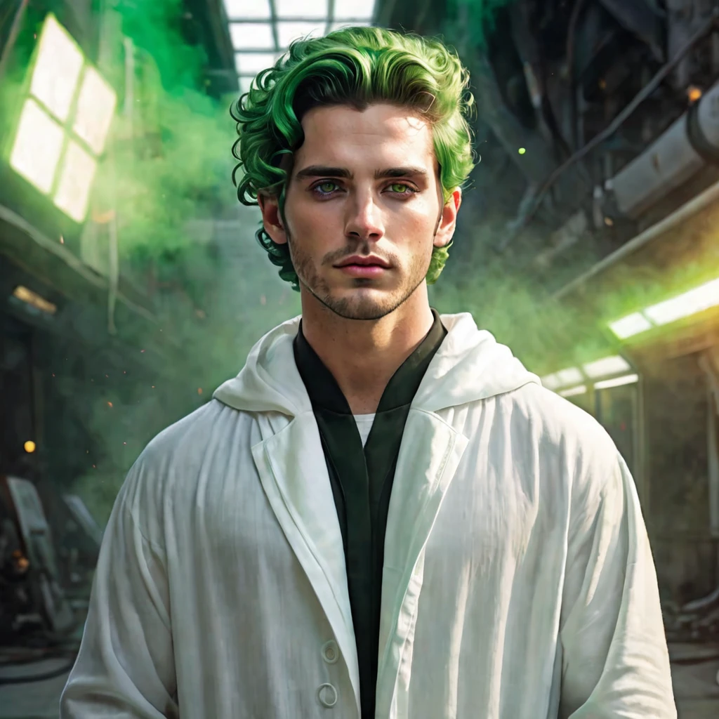 Semi realistic illustration portrait of young man, very handsome, white, with short wavy green hair, with amber eyes, beardless and split chin. Nose as thin as Lana del Rey.
Mirada burned out from the intimidation. Black tunic dress and white robe. Doctor from a science fiction future.