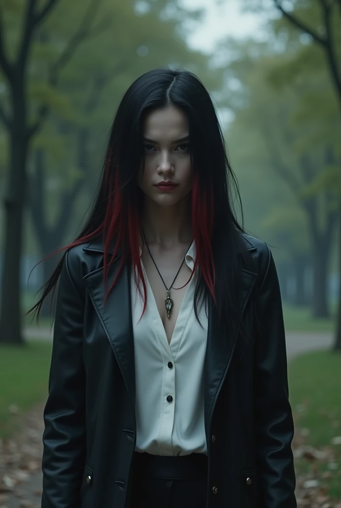 Hazbin hotel screenshot Girl as a fallen angel, now a strong demon the sin of anger, with black hair with red tips straight long and wavy, He has a slightly serious expression, He is wearing a white shirt with a black jacket and in the background he is in a park