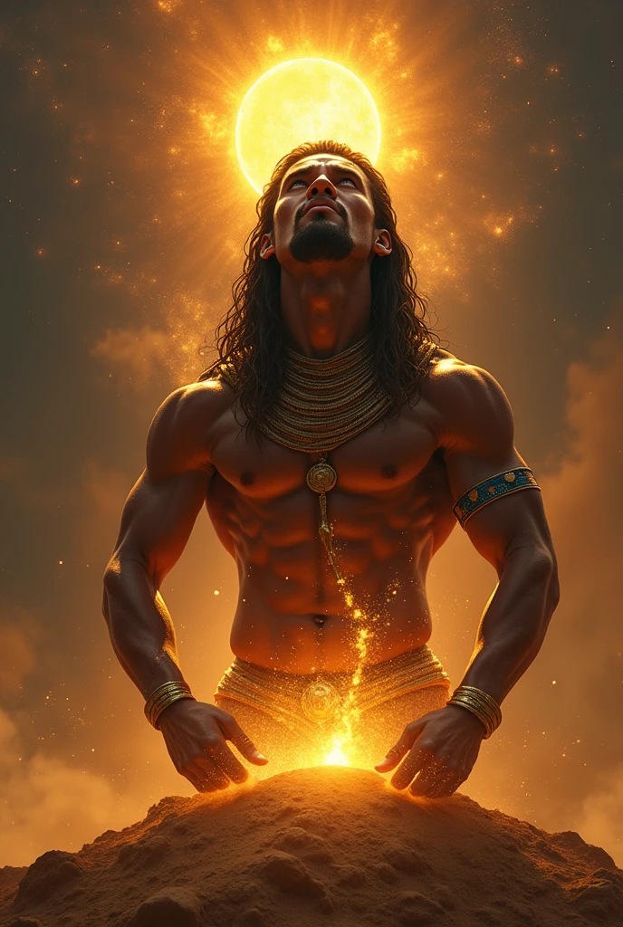 “In Egyptian mythology, Atum stands on top of the primordial hill, masturbating with a concentrated and creative expression. The ejaculating semen glows with an intense golden light. (best quality), (masterpiece), (realistic), (detailed), portrait, close up, stunning gradient colors, no watermark signature, detailed background, insanely detailed (masterpiece), absurd, HDR”