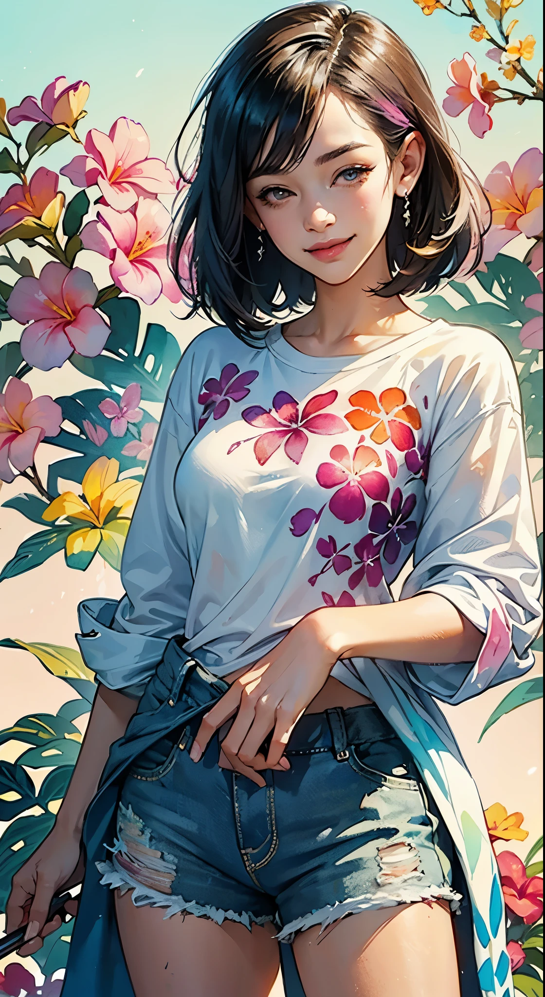 a Plumeria painting with a splatter background and spray paint effect, by Adam hughes, plumeria flower design t-shirt and jean shorts, upper body centered, multi-color hair, 1 eye closed, big happy smile, watercolor art, watercolor painting, watercolor painting style, watercolor detailed art, watercolor digital painting, watercolor paint, masterfully detailed watercolor, watercolor art