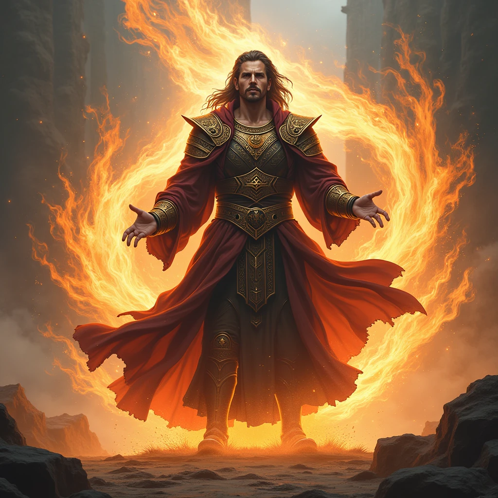 "Kael, now holding the magical artifact, is empowered as flames and wind swirl around him, symbolizing your new elemental powers."
