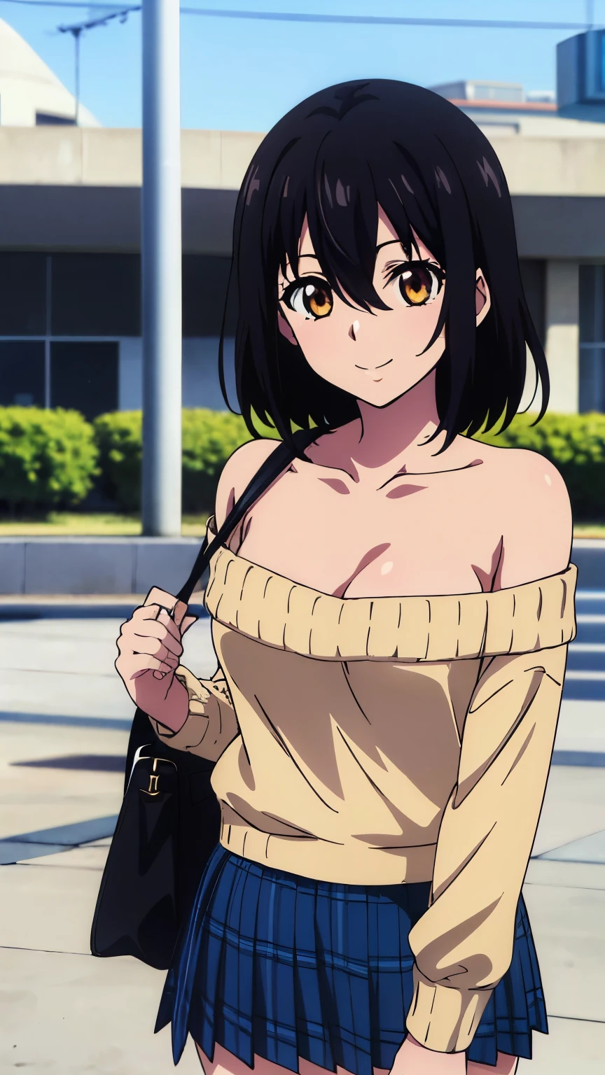 (highest quality, 8k, High resolution, masterpiece:1.2), Anime art style, Hyper Detail, himeragi yukina, Brown eye, Black Hair, Hair between the eyes, Medium Hair, 1 girl, Perfect Face, eye_Light_big,Small medium breast, Soft impression, alone, (long sleeve off-shoulder light yellow sweater, black halterneck camisole, (shoulder bag, shoulder strap), black pleated mini skirt, daytime, In front of the station, smile), Cowboy Shot, looking at viewer,