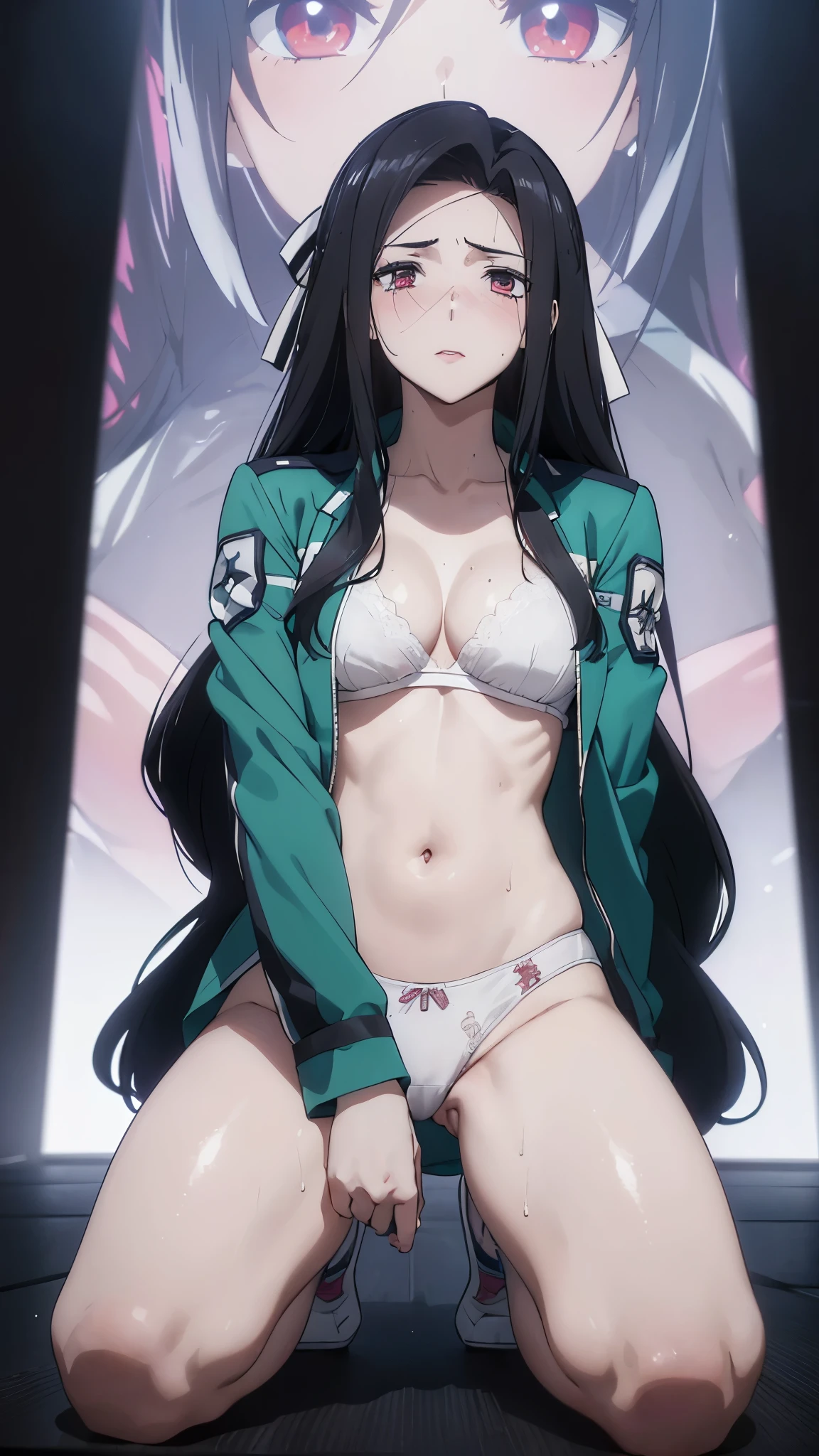 1 personの, alone, masterpiece, Highest quality, The Irregular at Magic High School, Mayumi Saegusa,Mayumi Saegusa, iris, Red eyes, eyelash, Black Hair, Long Hair, Back ribbon,High School Uniform, Green jacket, Cropped jacket, Open jacket, Long sleeve,  (masterpiece: 1.3), (Maximum resolution: 1.2), (Ultra HD TV: 1.2), Cinematic Light, 8k resolution, Detailed facial features , (Sharp focus: 1.2）, (Focus on the face:1.2),Perfect Style, Beautiful Face, Acura, Anatomically correct, Highly detailed face and skin texture, Beautiful Eyes,Beautiful Eyes, Thin eyebrows, Natural Cheeks, Glowing Skin, Fair skin: 1.2, (Glossy Lips: 1.4),、 (Embarrassed look: 1.2),Highly detailed face and skin texture, Natural Cheeks, , Glossy Lips: 1.4,Perfect Style、Cleavage、Soft Breasts、（Semen on chest:1.6）（Cum on thighs 1.5）、 Overflowing sperm、Drenched in sweat、Wet clothes、blush、A humiliating look、Anxious expression、Frightened expression、Embarrassed look、Glare、anger、sorrow、tears、（Open your knees:1.5）、（Spread your legs:1.5）、 White underwear、Disheveled clothes、sweating、Thin underwear、1、 clear, A clean-cut woman,1 person、 Upward-facing chest, Black Hair、blue eyes、Beautiful Eyes、Torn clothing、（masturbation behavior:2.5）、On the stage of the gym、Sitting at the podium、avert your eyes、