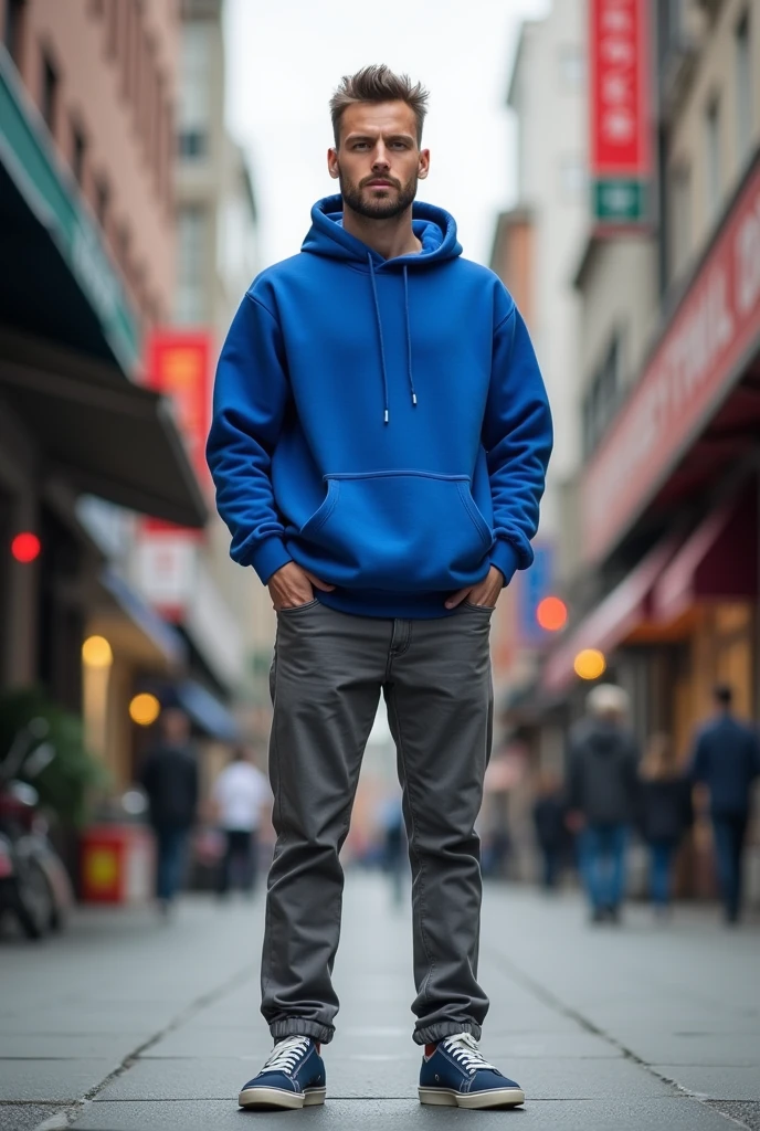 A 30 year old man in a street, wearing royal blue hoodie, grey chinos and navy plimsols, full body, looking at viewer