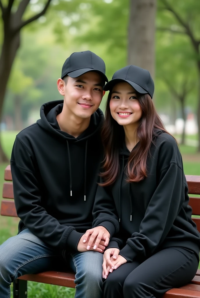 A pair of Indonesian lovers, clean faces, wearing hoodies black color wearing baseball caps, sitting on a park bench, photo facing front,super HD photography, sophisticated camera